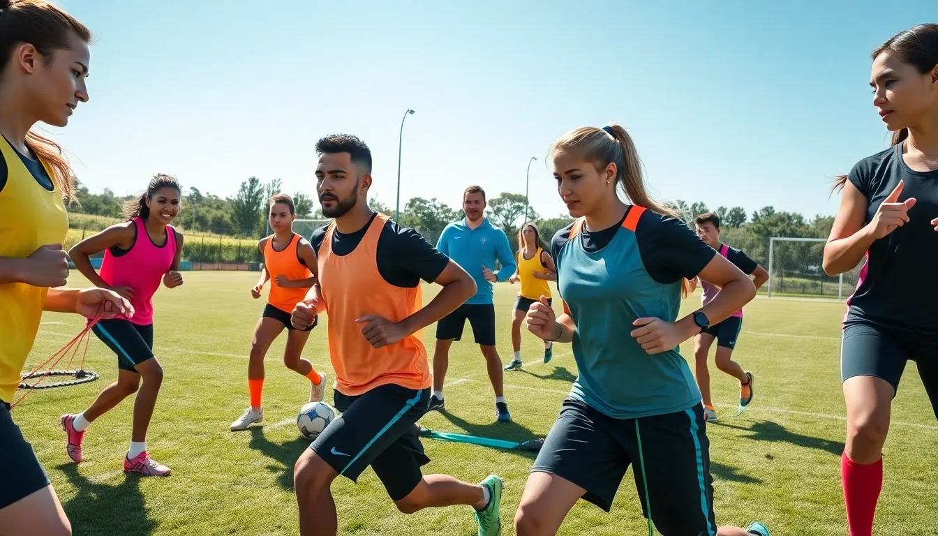 soccer players training on the field with a coach.