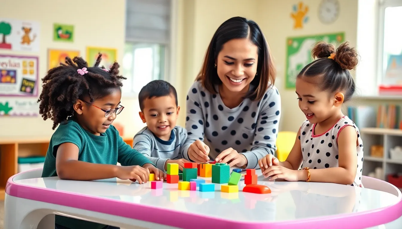 children learning together in a bright, engaging classroom.