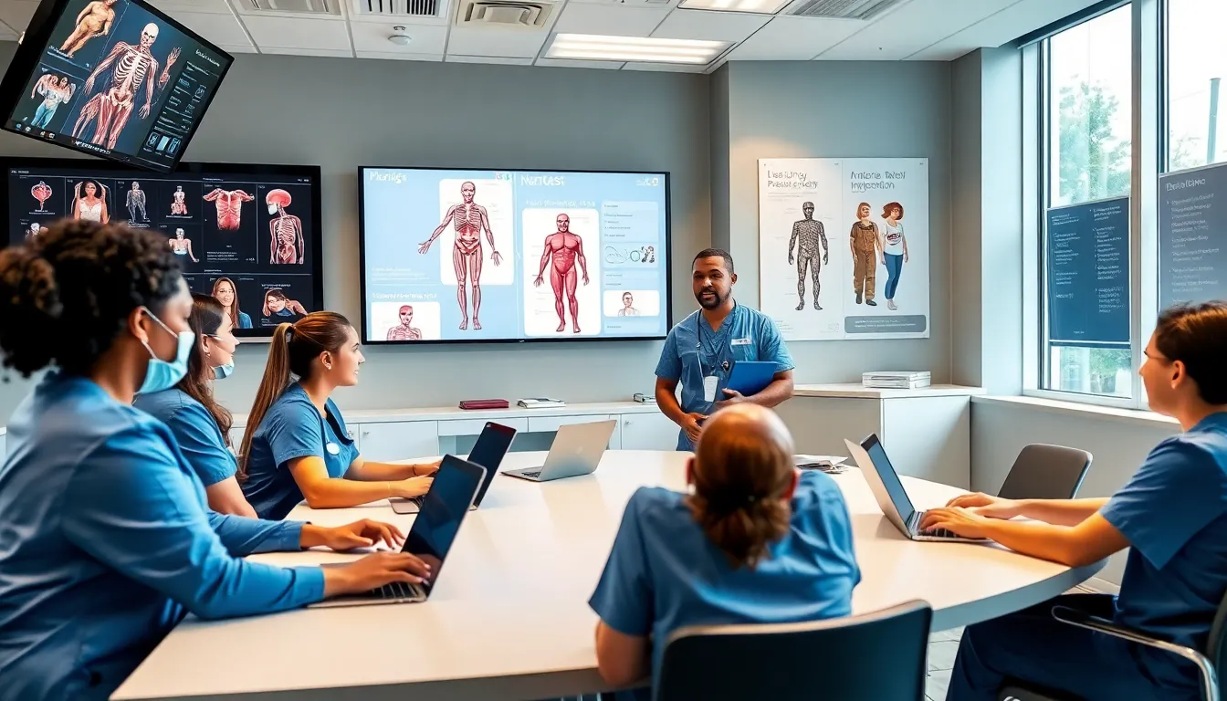 diverse nursing students collaborating in a modern classroom setting.