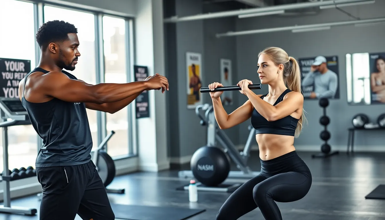 Trainer demonstrating exercise techniques in a modern gym.