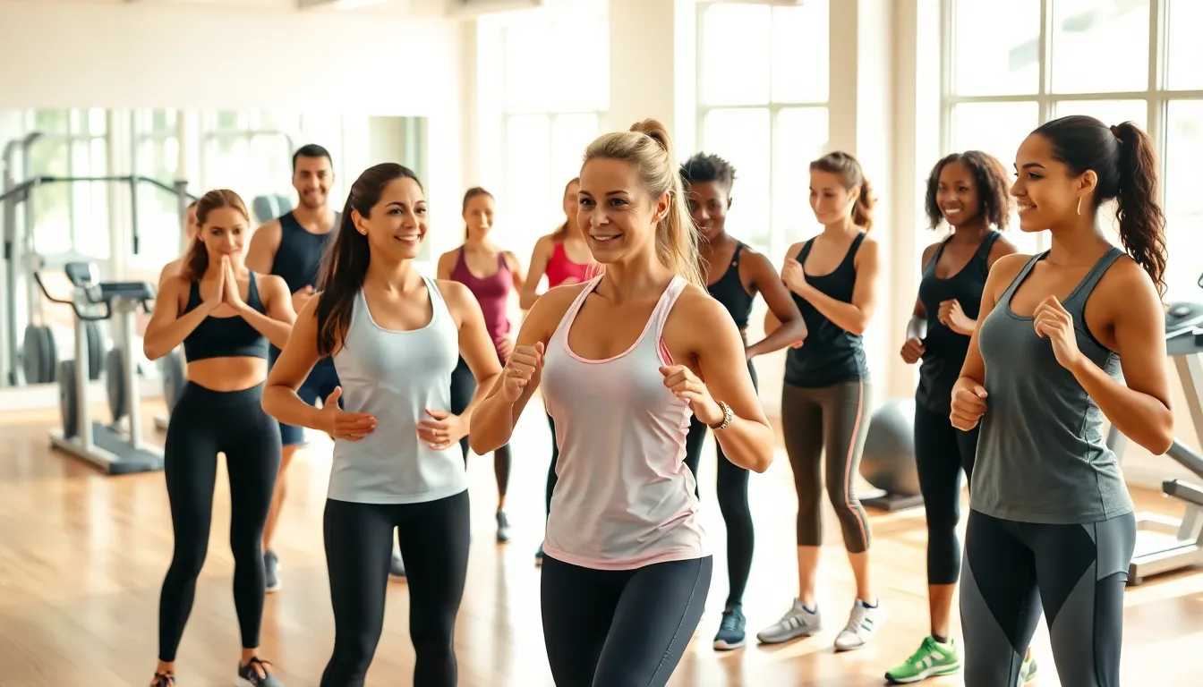 diverse fitness instructors leading a training session in a modern gym.